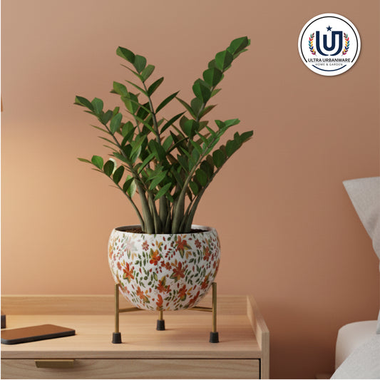 Designer Metal Planter with Triangular Iron Stand(White Floral)