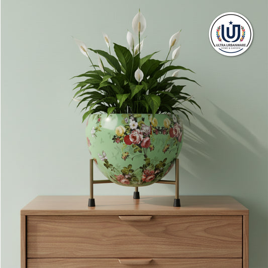 Designer Metal Planter with Triangular Iron Stand (Soothing Green)