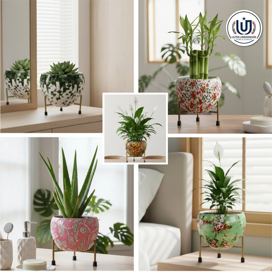 Bohemian Metal Planter with Triangular Iron Stand (Floral Print)
