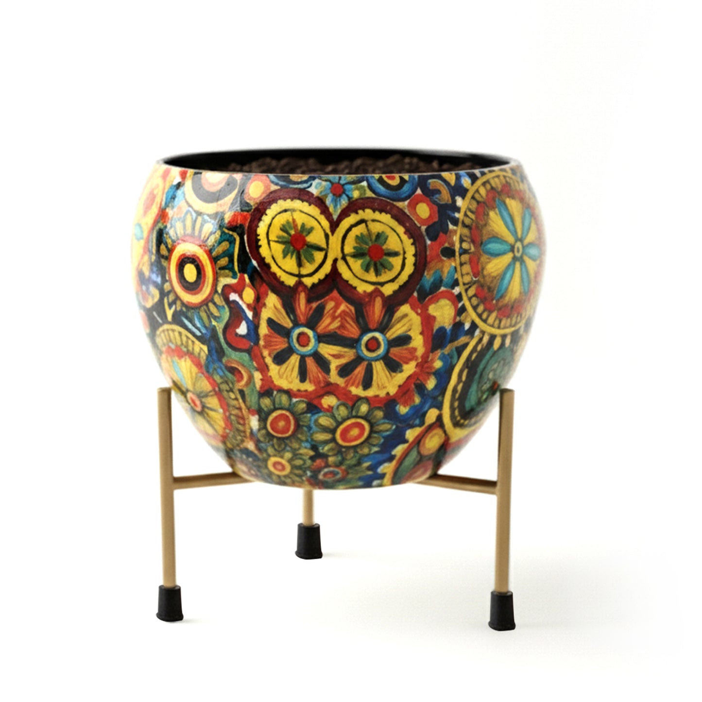 Bohemian Metal Planter with Triangular Iron Stand (Floral Print)