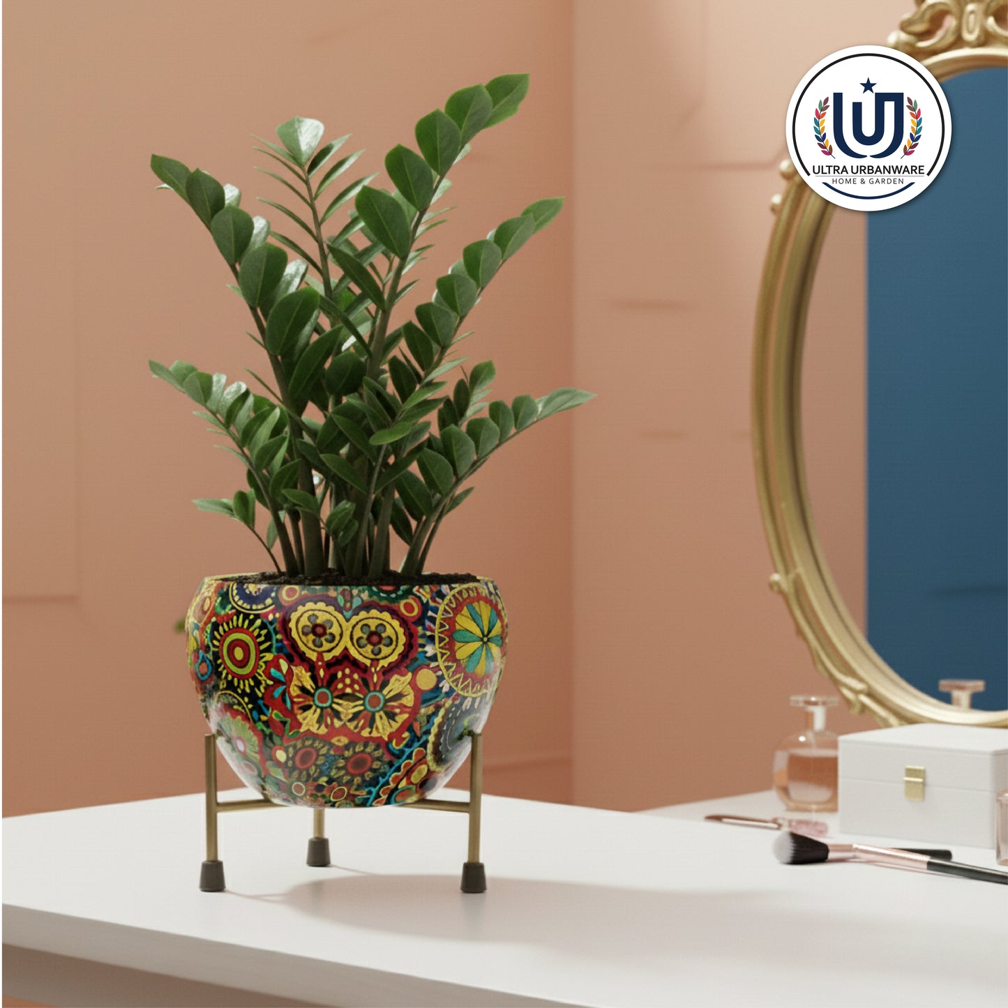 Bohemian Metal Planter with Triangular Iron Stand (Floral Print)