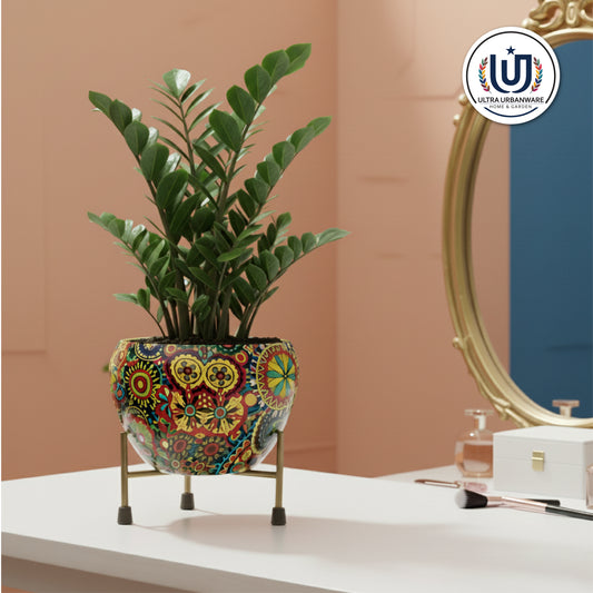 Bohemian Metal Planter with Triangular Iron Stand (Floral Print)