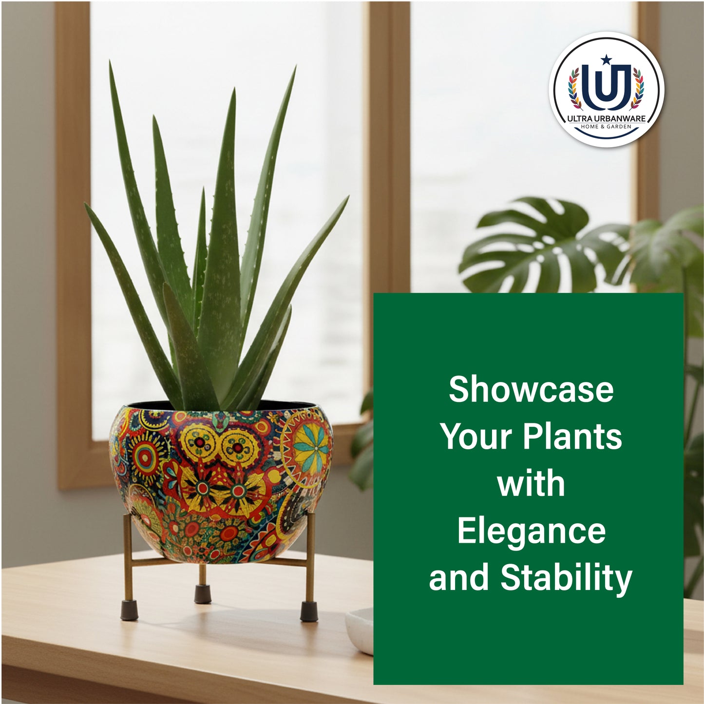 Bohemian Metal Planter with Triangular Iron Stand (Floral Print)