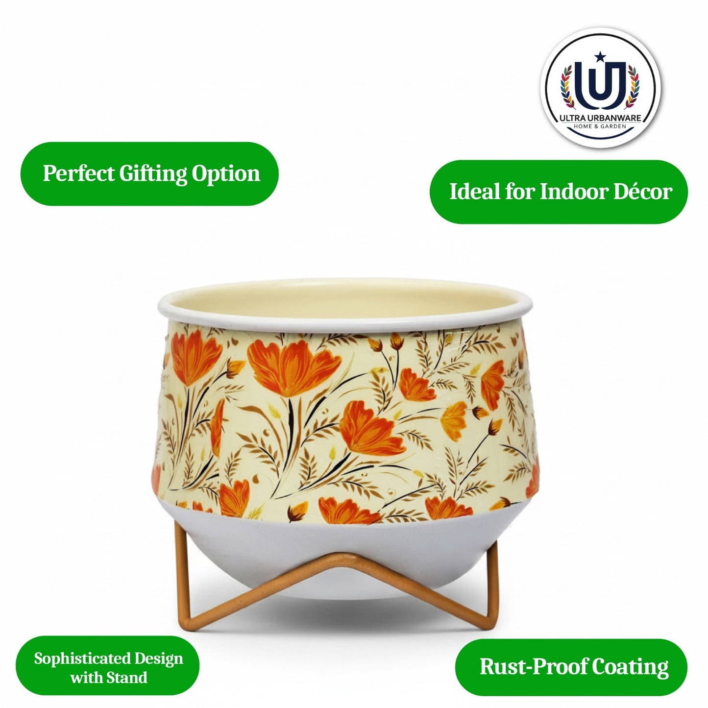 Orange Flowers Decorative Metal Planter